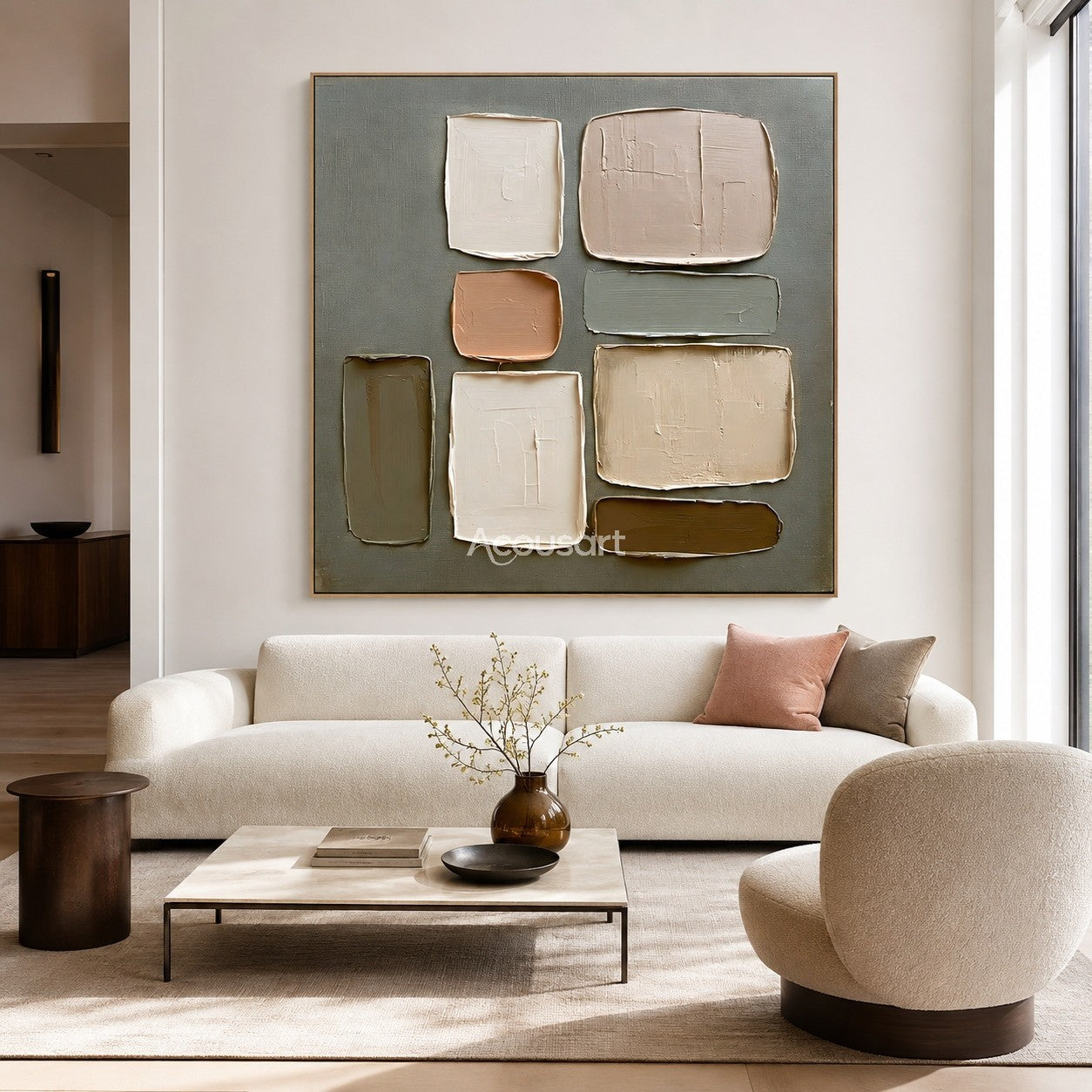 Neutral textured abstract wall art with layered beige, cream, brown, and sage green geometric blocks