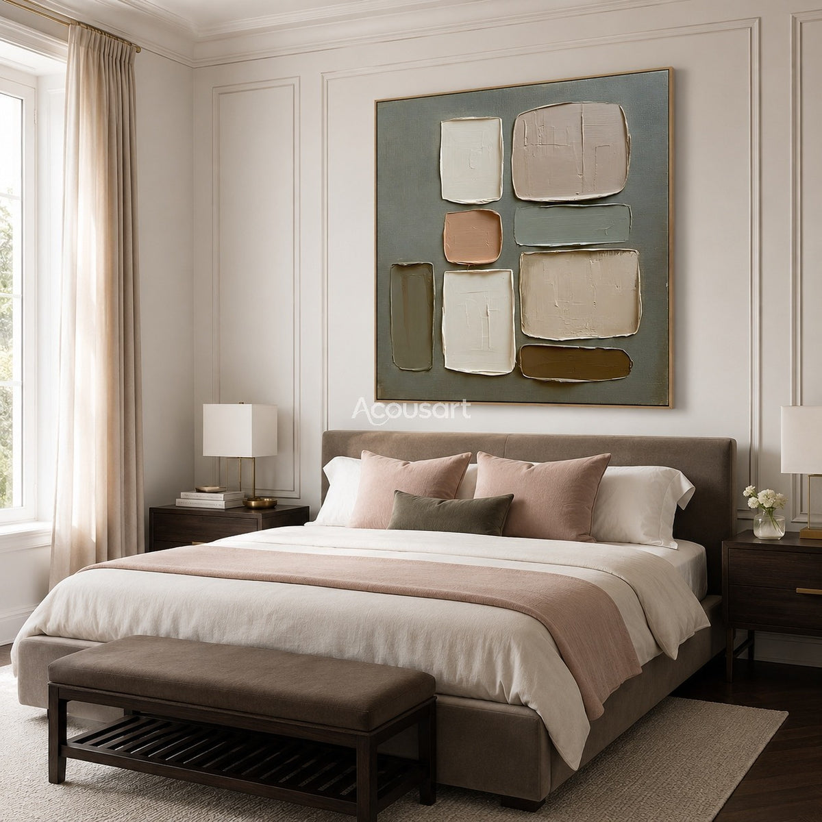 Neutral textured abstract wall art with layered beige, cream, brown, and sage green geometric blocks