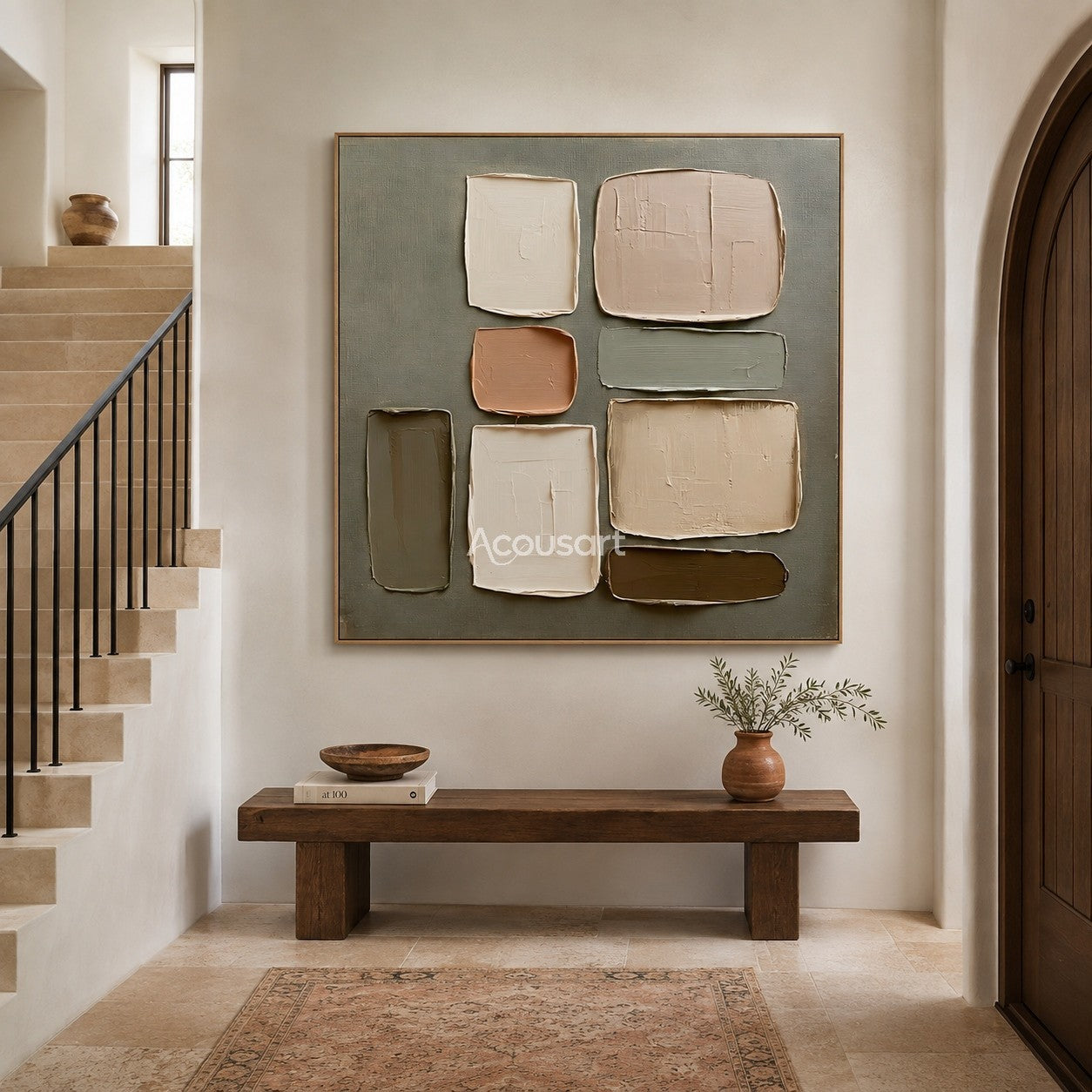 Neutral textured abstract wall art with layered beige, cream, brown, and sage green geometric blocks