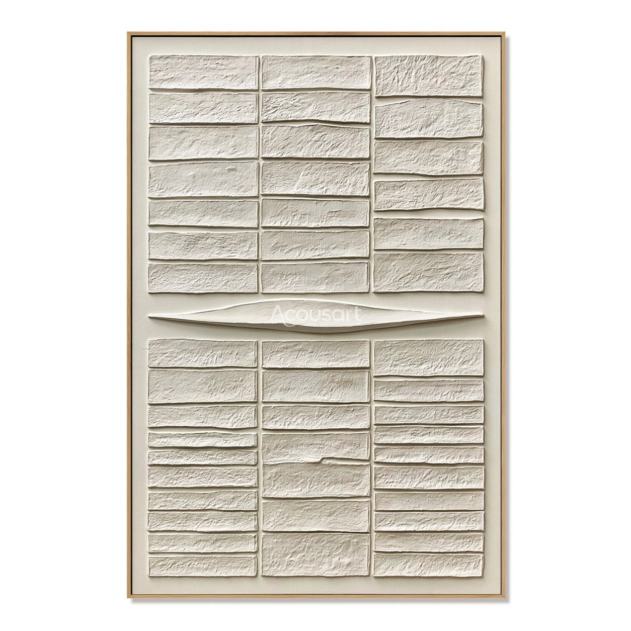 Neutral textured abstract wall art with raised ivory rectangular blocks and a soft curved center line