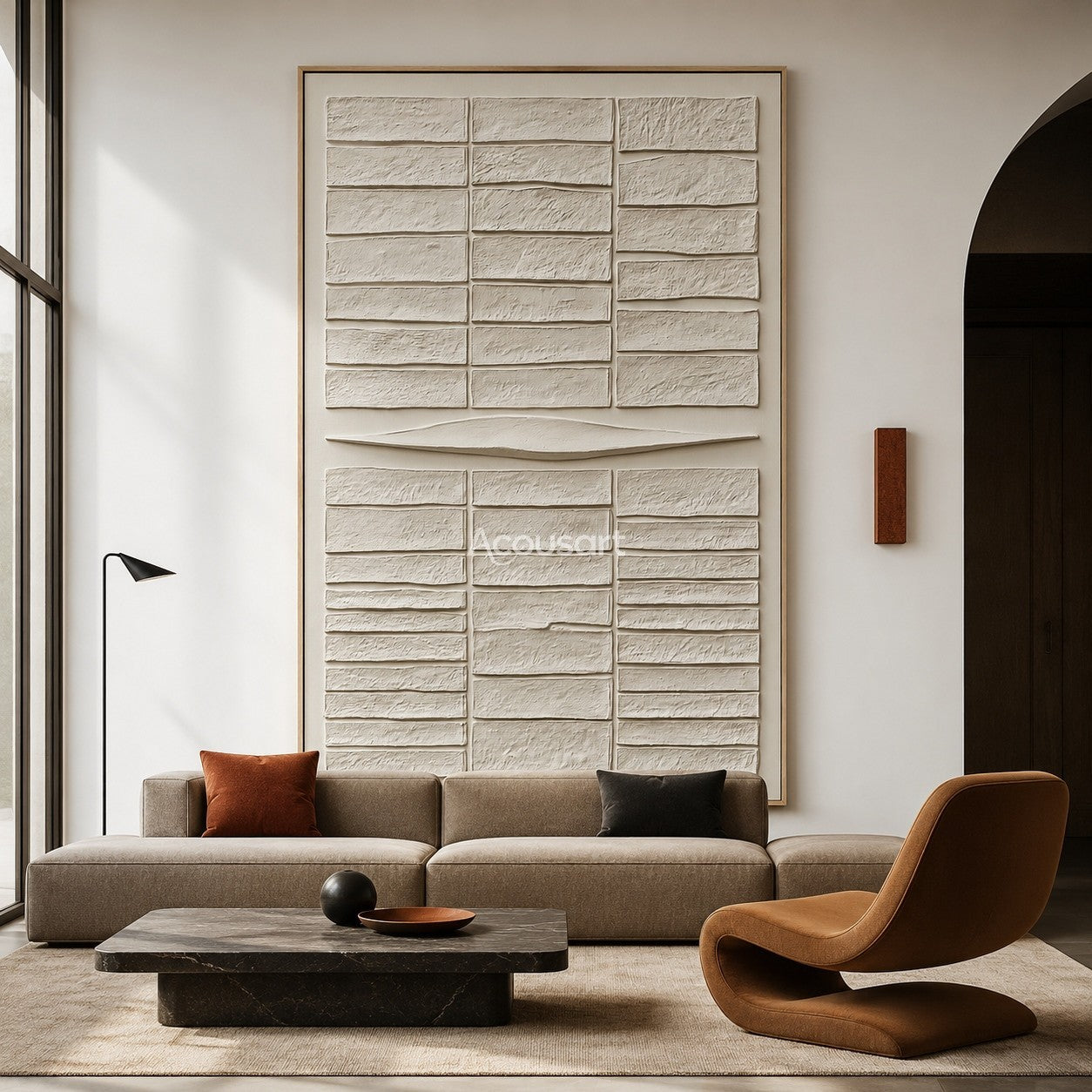 Neutral textured abstract wall art with raised ivory rectangular blocks and a soft curved center line