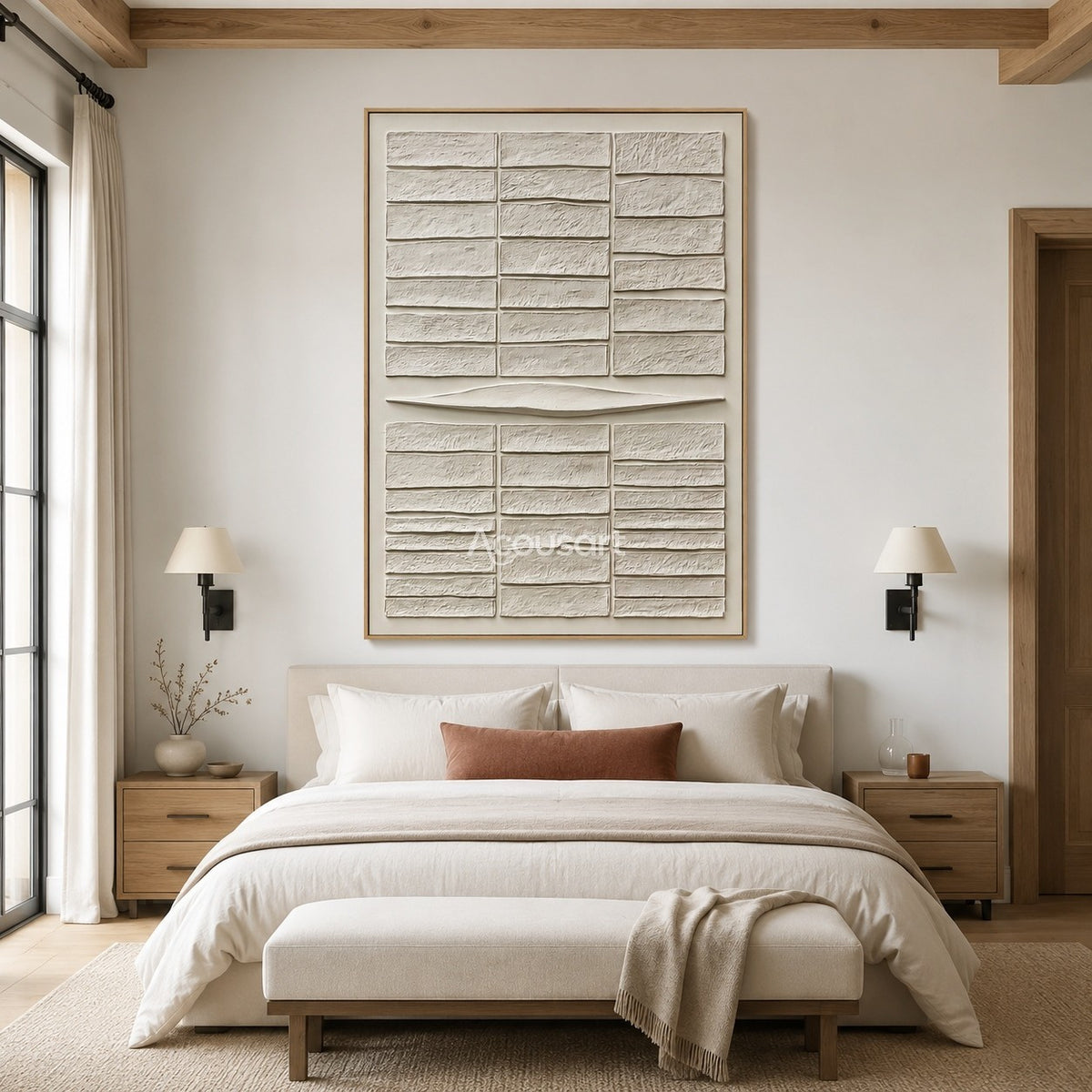 Neutral textured abstract wall art with raised ivory rectangular blocks and a soft curved center line