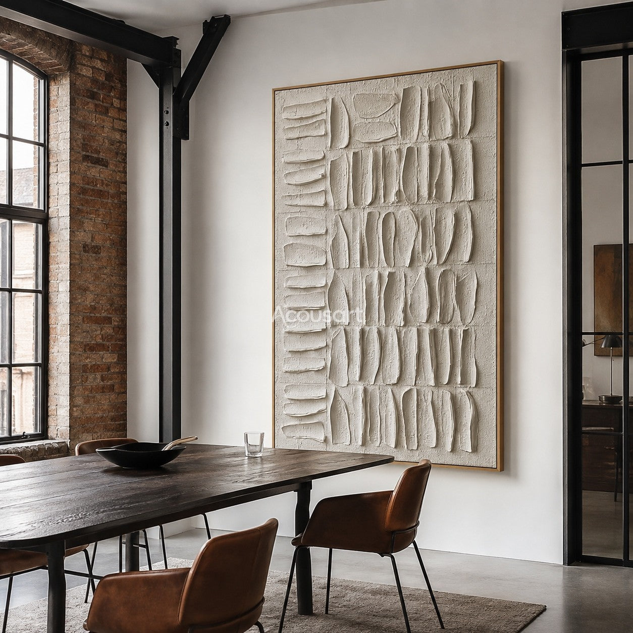 Neutral textured abstract wall art in ivory with raised organic shapes in a vertical grid pattern