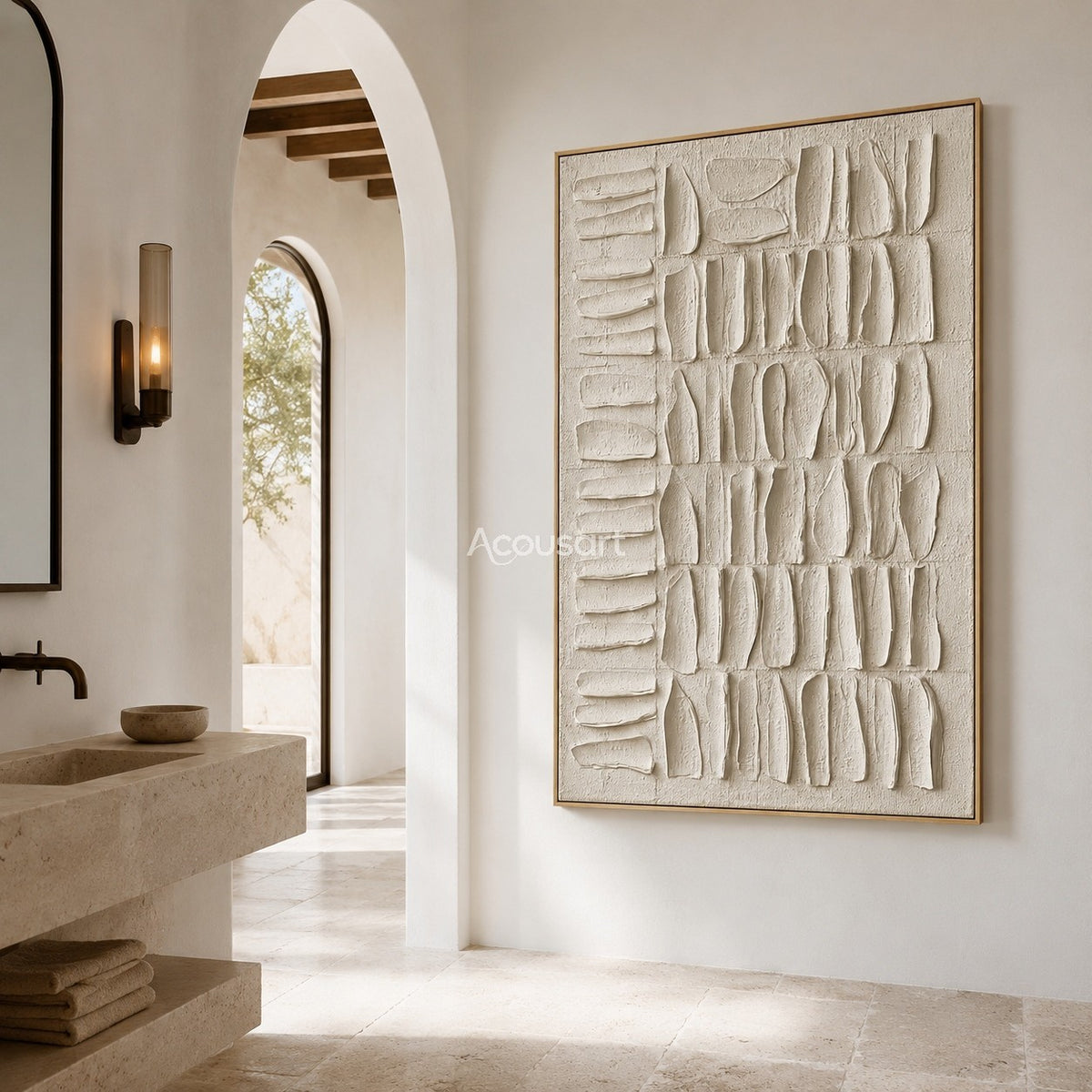 Neutral textured abstract wall art in ivory with raised organic shapes in a vertical grid pattern