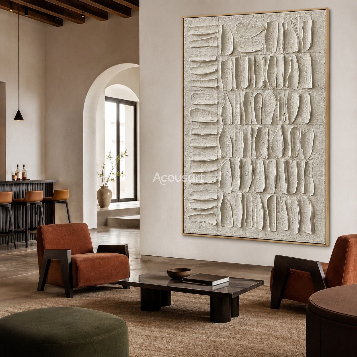 Neutral textured abstract wall art in ivory with raised organic shapes in a vertical grid pattern