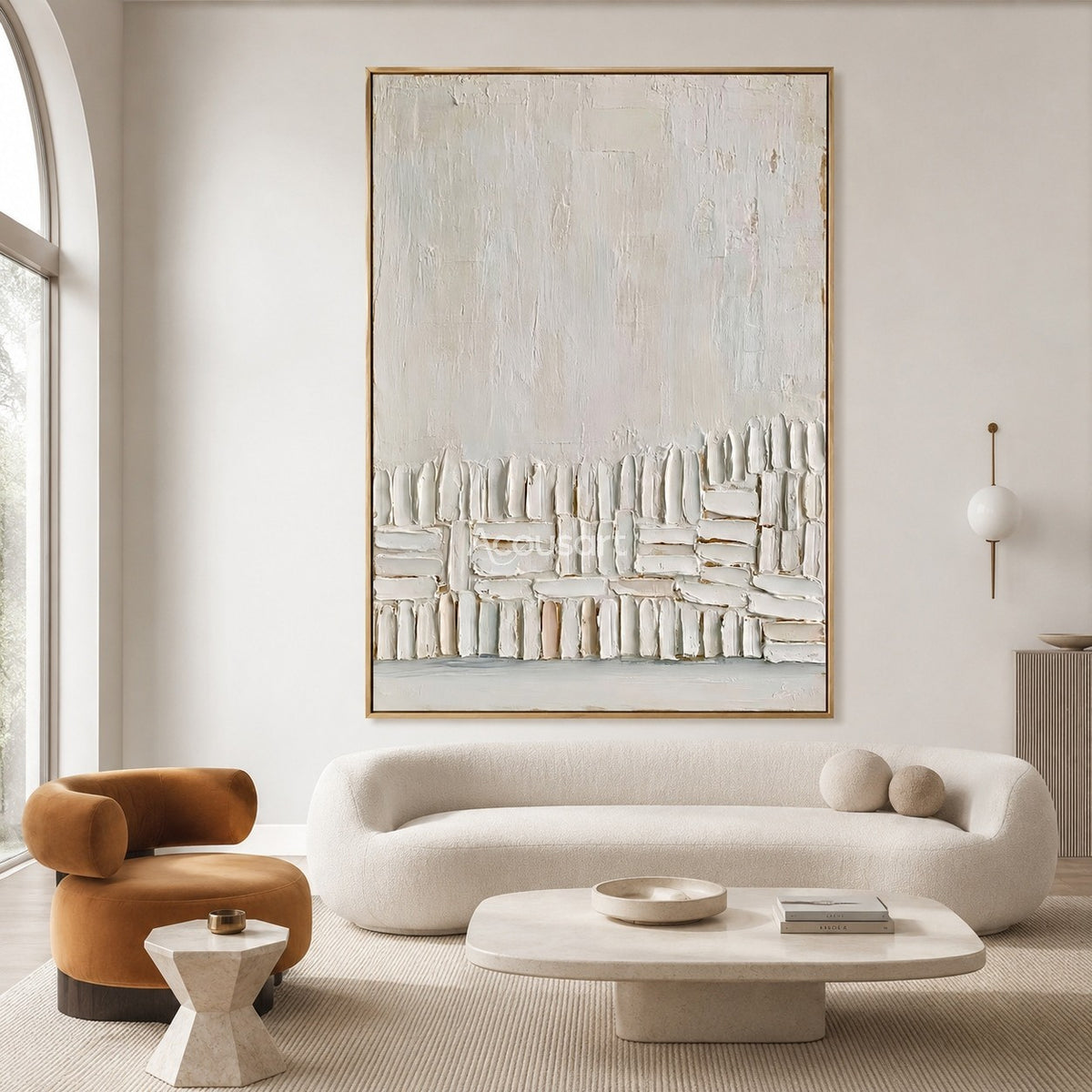 Neutral textured abstract wall art with warm white raised block shapes along the bottom on an ivory background