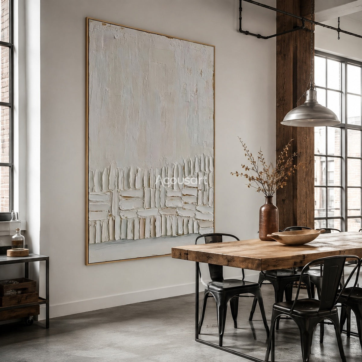 Neutral textured abstract wall art with warm white raised block shapes along the bottom on an ivory background