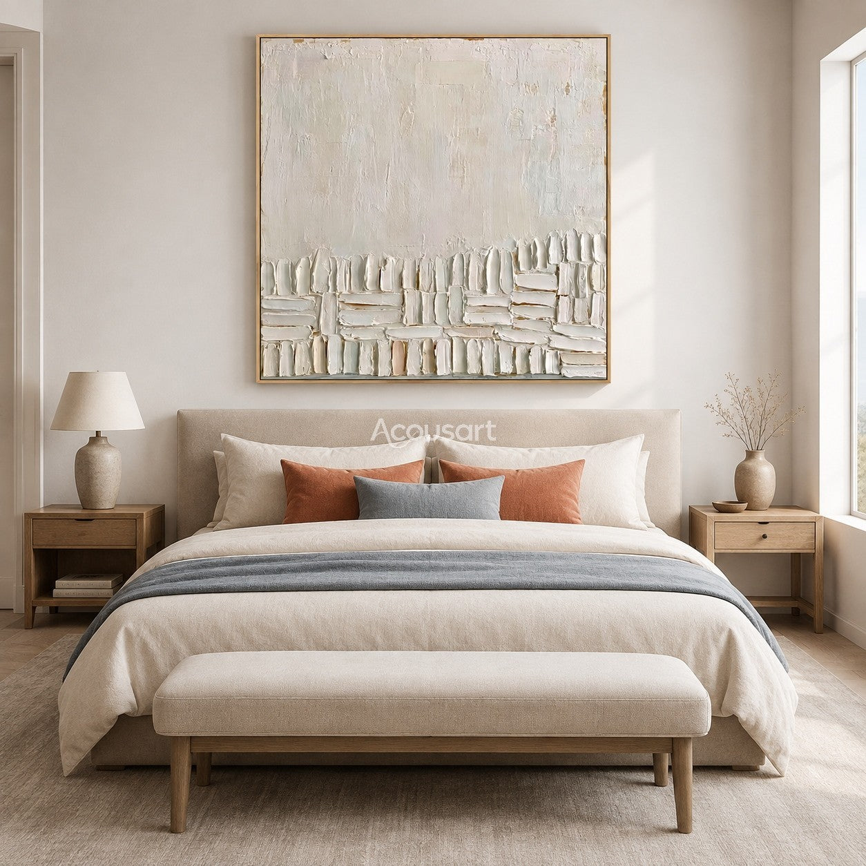 Neutral textured abstract wall art with warm white raised block shapes along the bottom on an ivory background