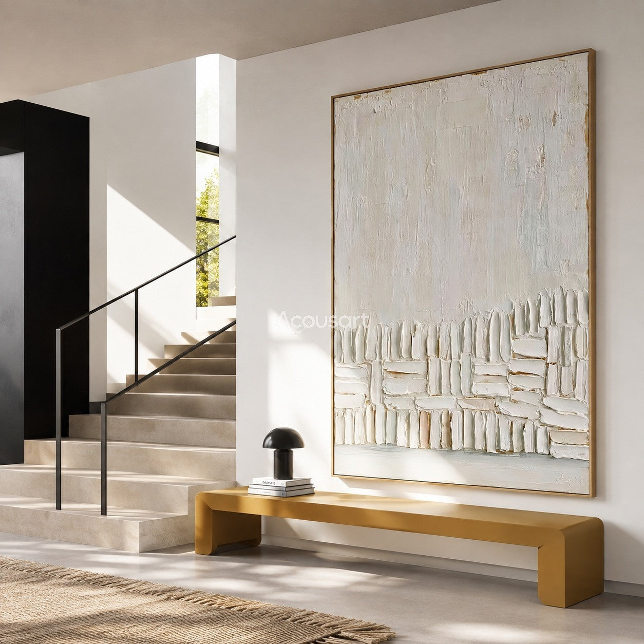 Neutral textured abstract wall art with warm white raised block shapes along the bottom on an ivory background