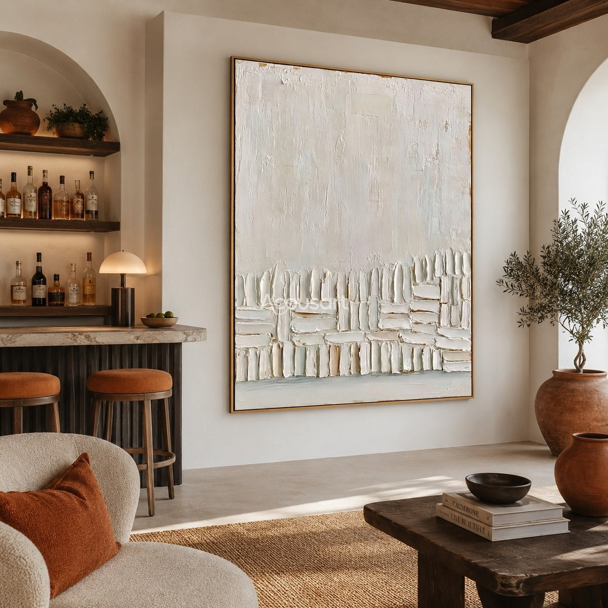 Neutral textured abstract wall art with warm white raised block shapes along the bottom on an ivory background