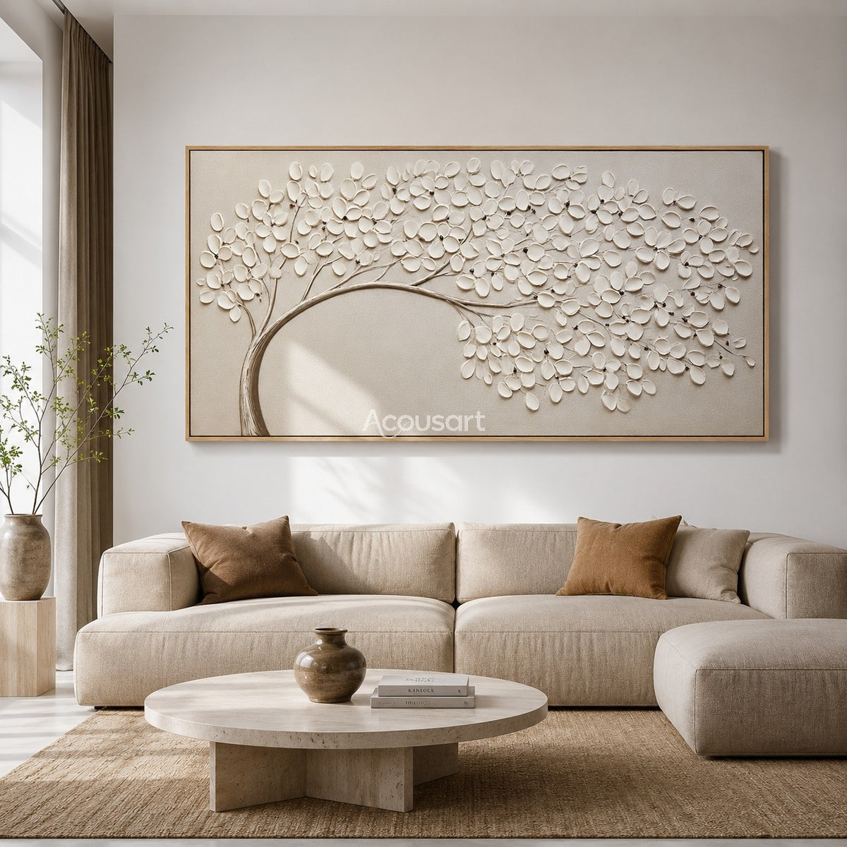 Textured floral wall art with white blossoms on a curved branch against a soft neutral background