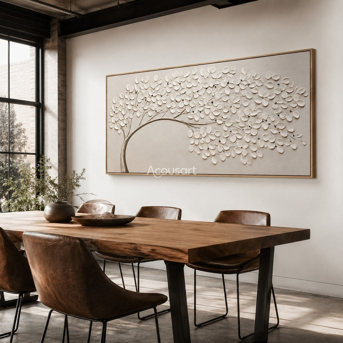 Textured floral wall art with white blossoms on a curved branch against a soft neutral background
