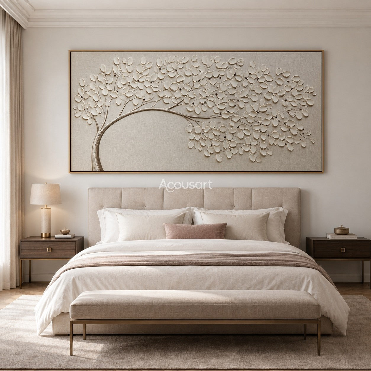 Textured floral wall art with white blossoms on a curved branch against a soft neutral background
