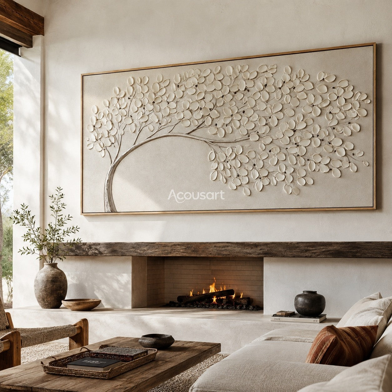 Textured floral wall art with white blossoms on a curved branch against a soft neutral background