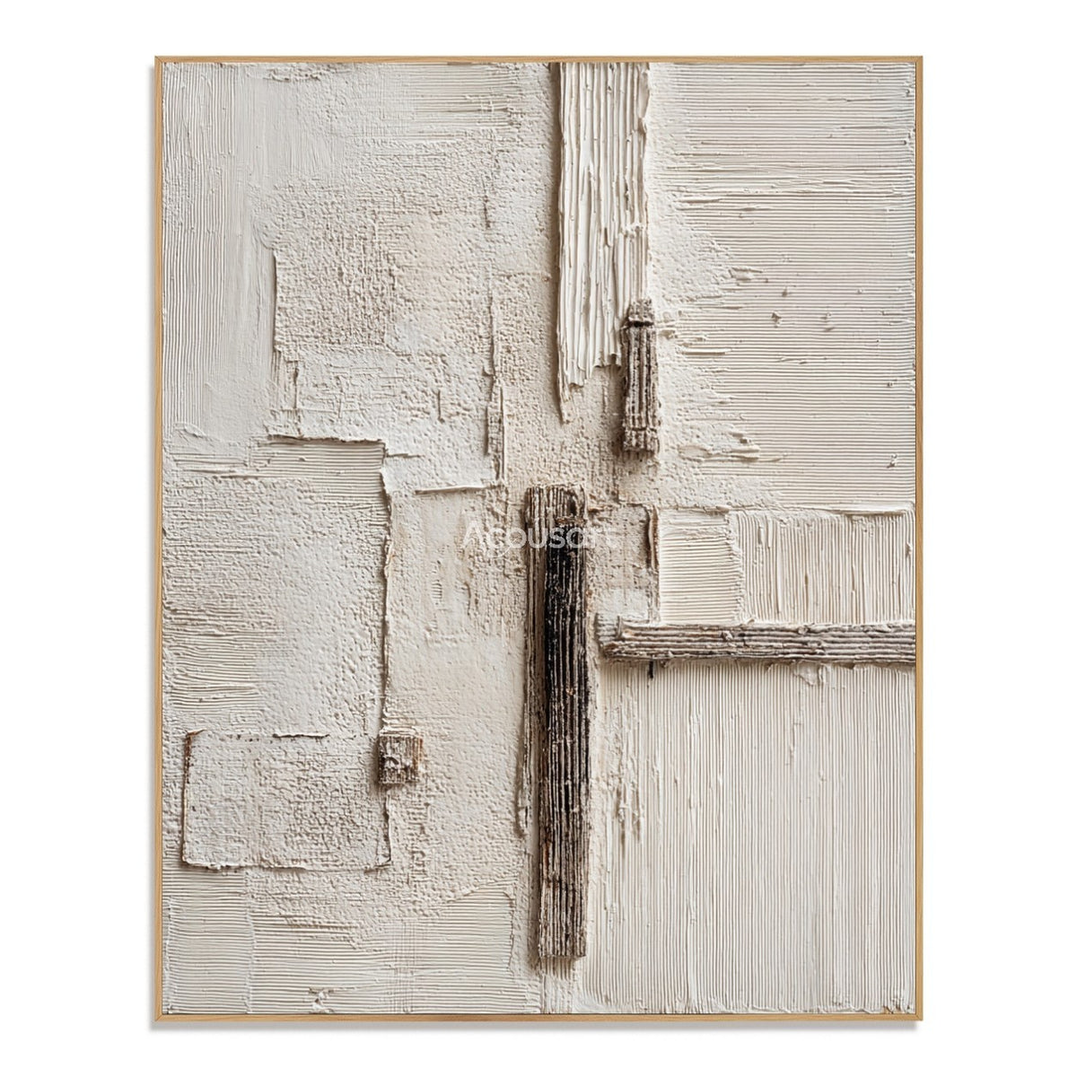 Neutral textured abstract wall art with ivory plaster layers, beige blocks, and vertical brown textured lines