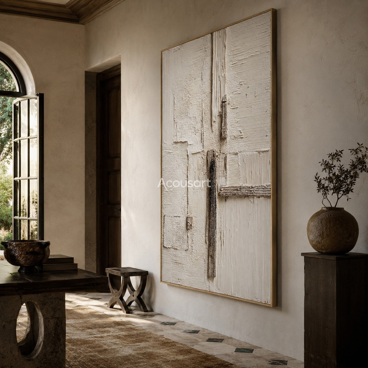 Neutral textured abstract wall art with ivory plaster layers, beige blocks, and vertical brown textured lines