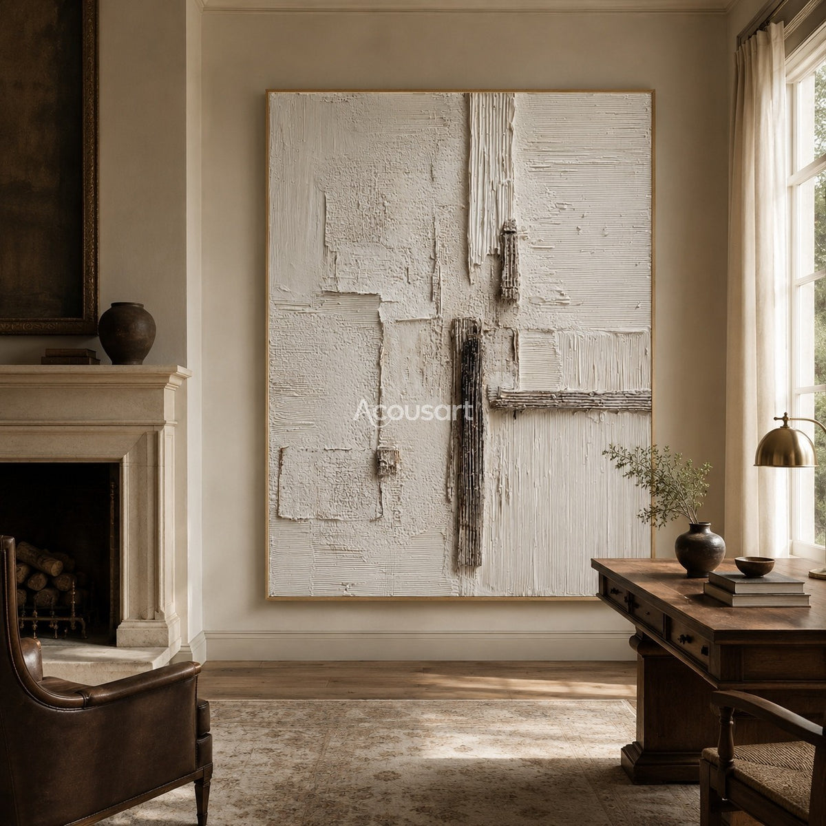 Neutral textured abstract wall art with ivory plaster layers, beige blocks, and vertical brown textured lines