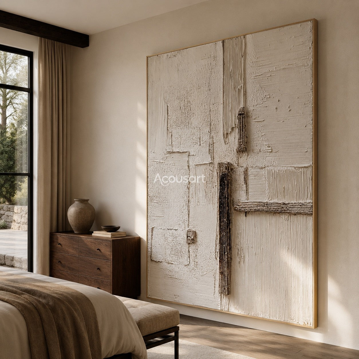 Neutral textured abstract wall art with ivory plaster layers, beige blocks, and vertical brown textured lines