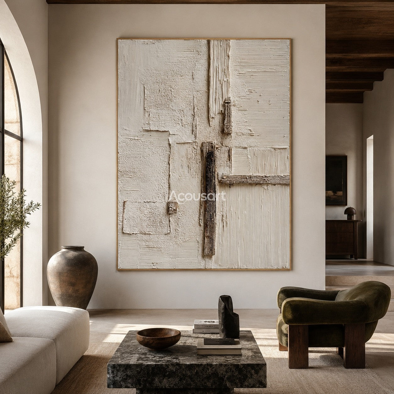 Neutral textured abstract wall art with ivory plaster layers, beige blocks, and vertical brown textured lines