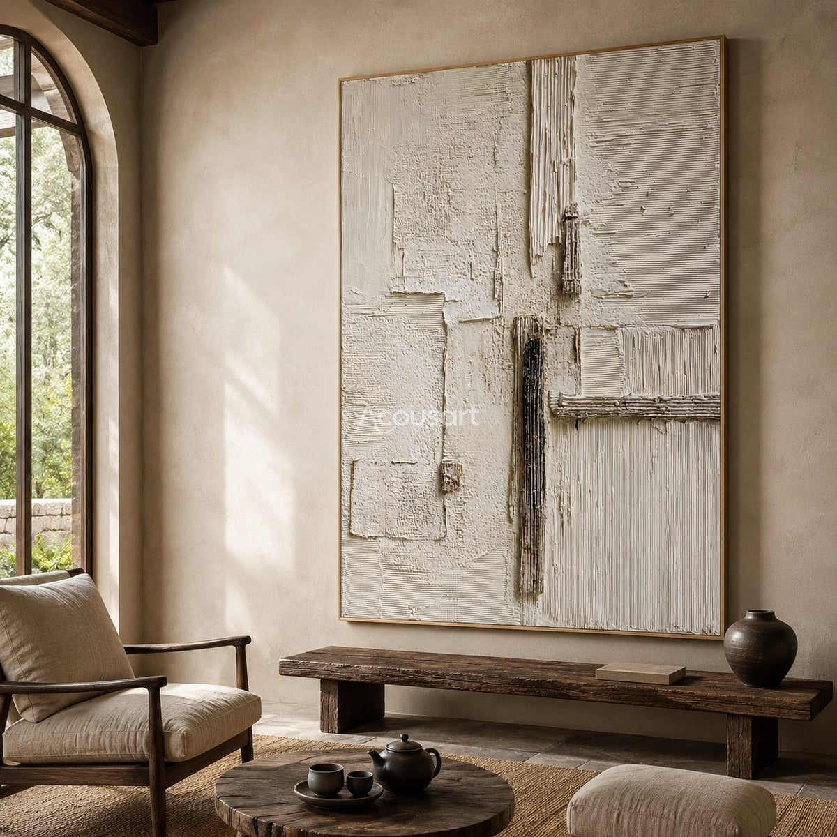 Neutral textured abstract wall art with ivory plaster layers, beige blocks, and vertical brown textured lines