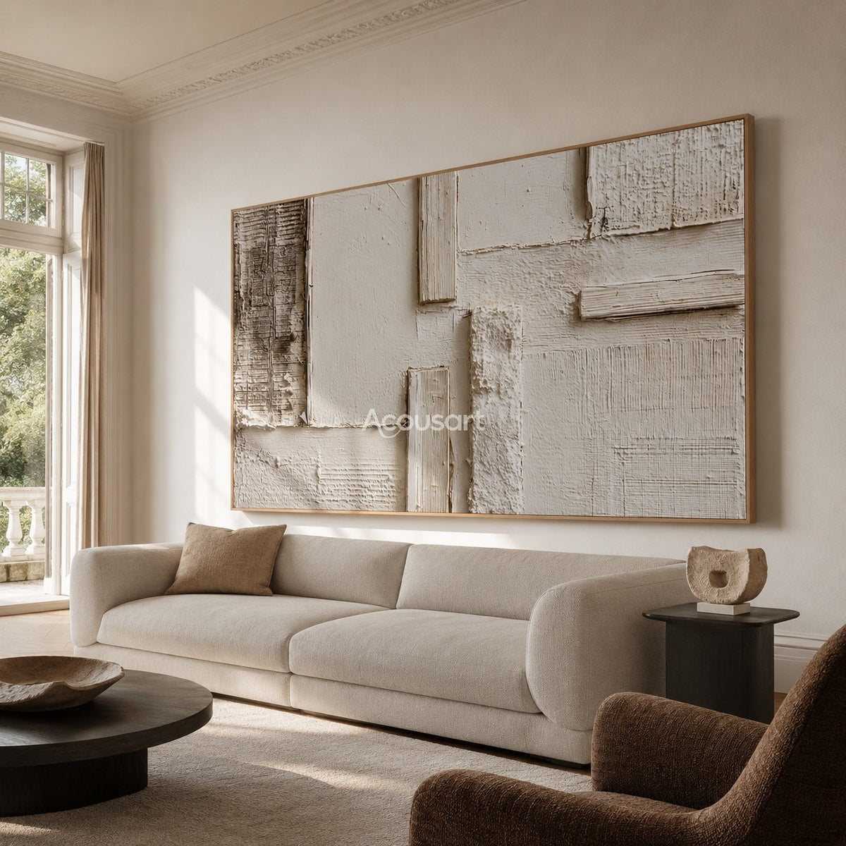 Neutral abstract wall art with ivory textured blocks, beige plaster layers, and soft horizontal geometric details