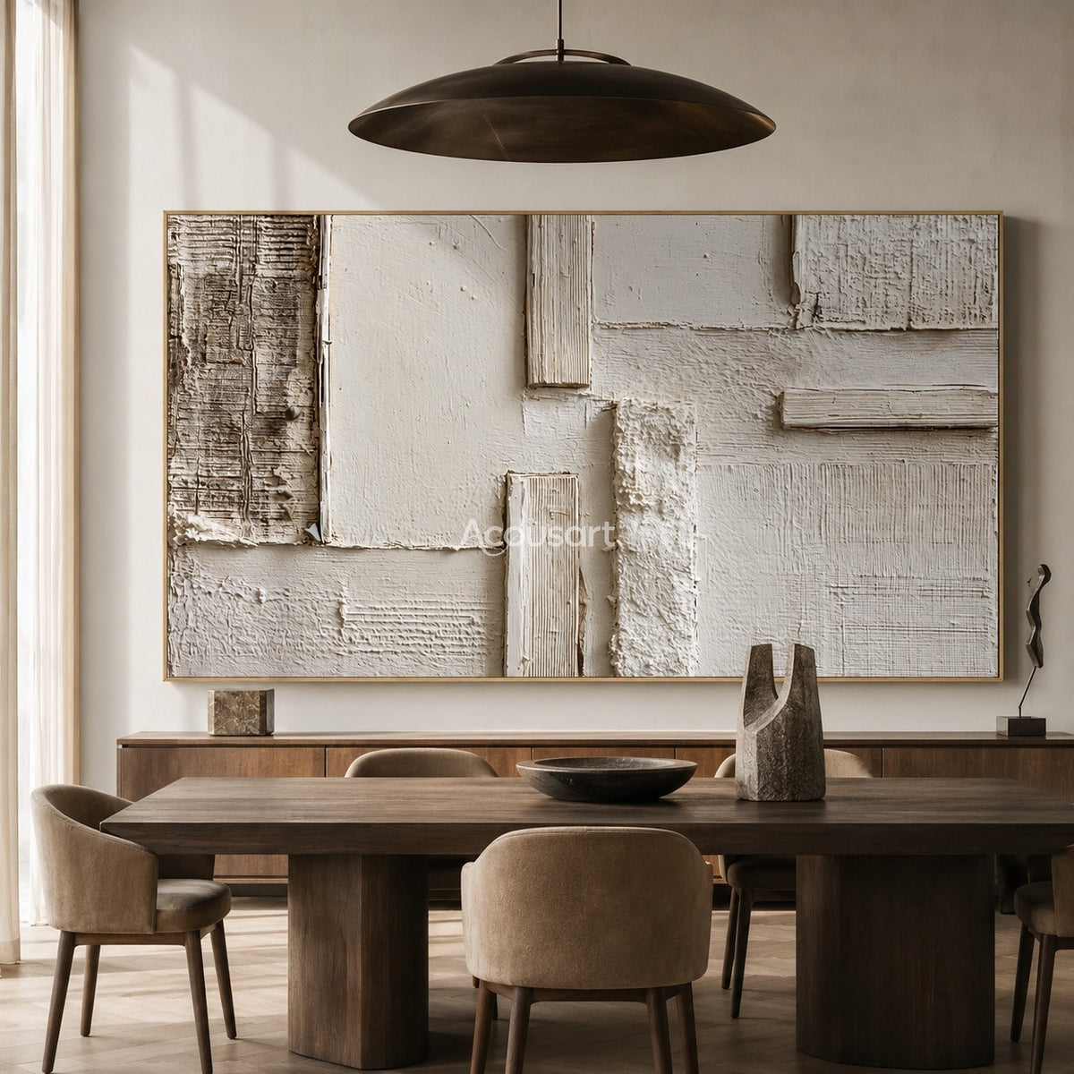 Neutral abstract wall art with ivory textured blocks, beige plaster layers, and soft horizontal geometric details