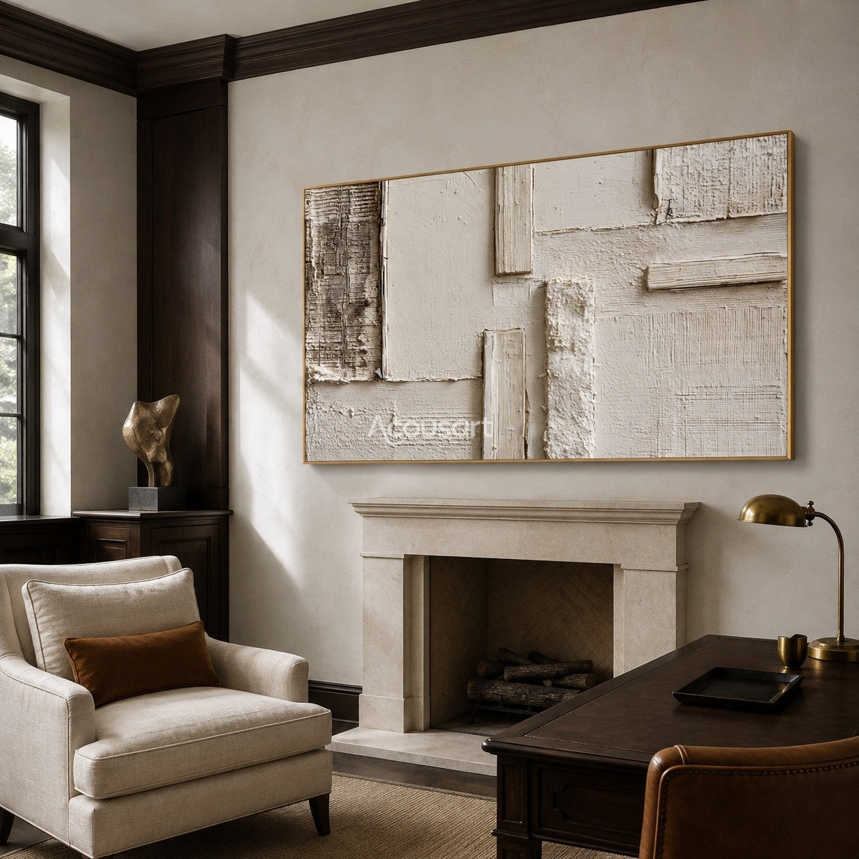 Neutral abstract wall art with ivory textured blocks, beige plaster layers, and soft horizontal geometric details