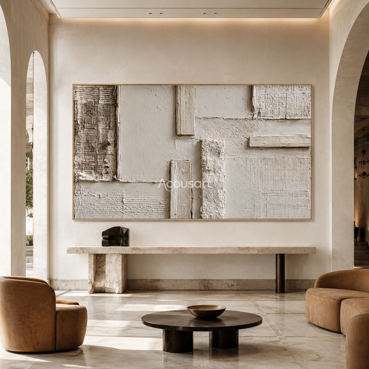 Neutral abstract wall art with ivory textured blocks, beige plaster layers, and soft horizontal geometric details