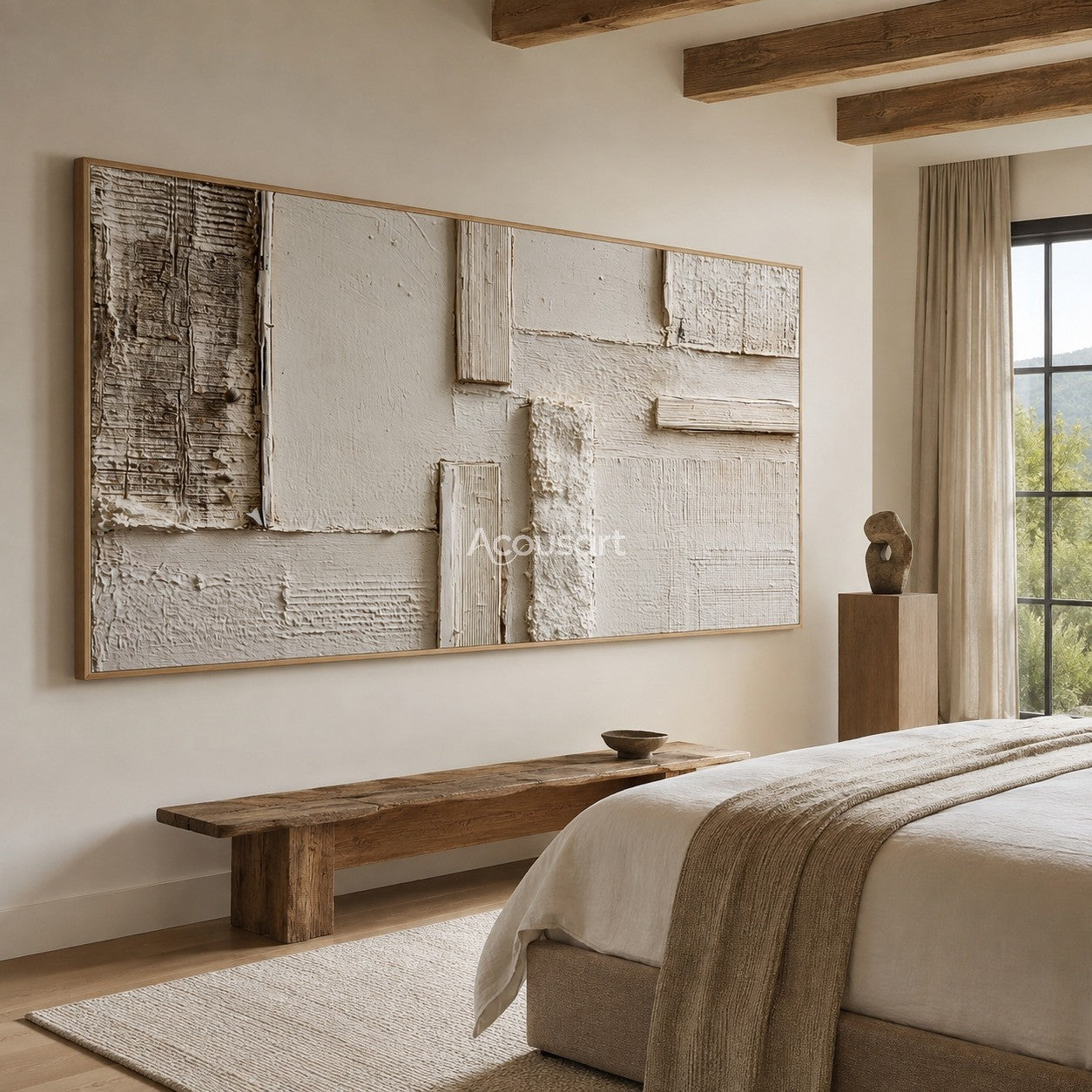 Neutral abstract wall art with ivory textured blocks, beige plaster layers, and soft horizontal geometric details