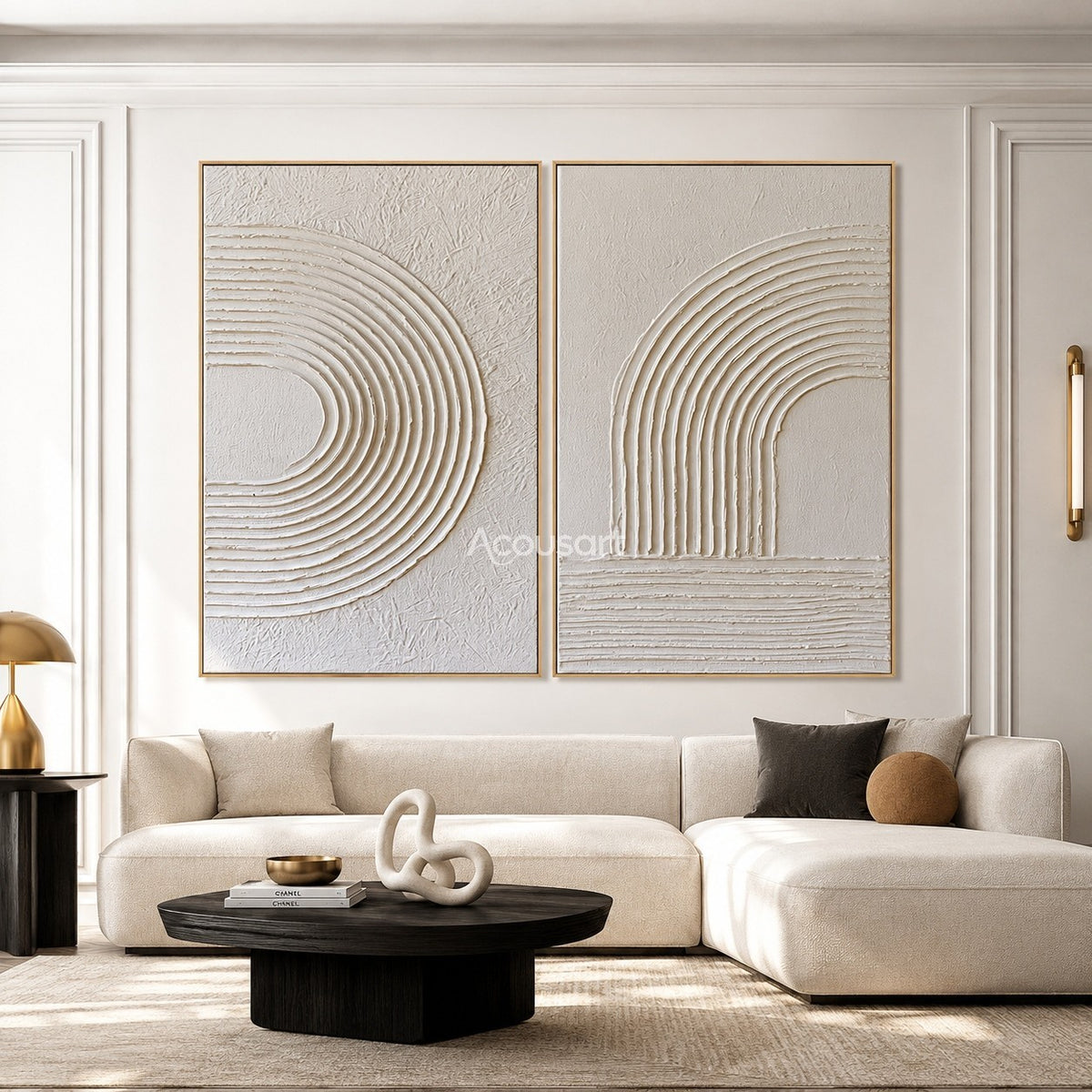 Neutral textured abstract wall art set with raised ivory arch lines and soft cream textured background