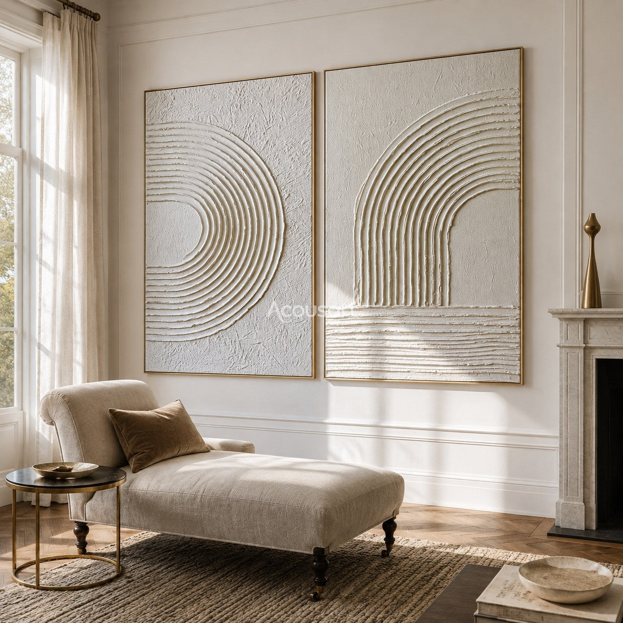 Neutral textured abstract wall art set with raised ivory arch lines and soft cream textured background