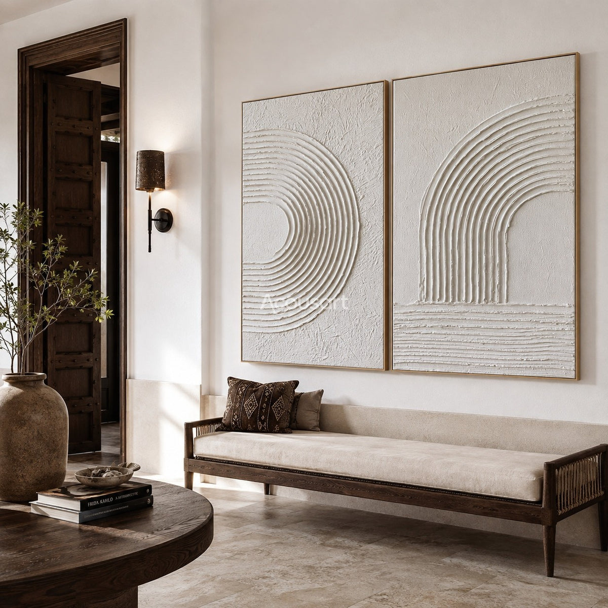 Neutral textured abstract wall art set with raised ivory arch lines and soft cream textured background