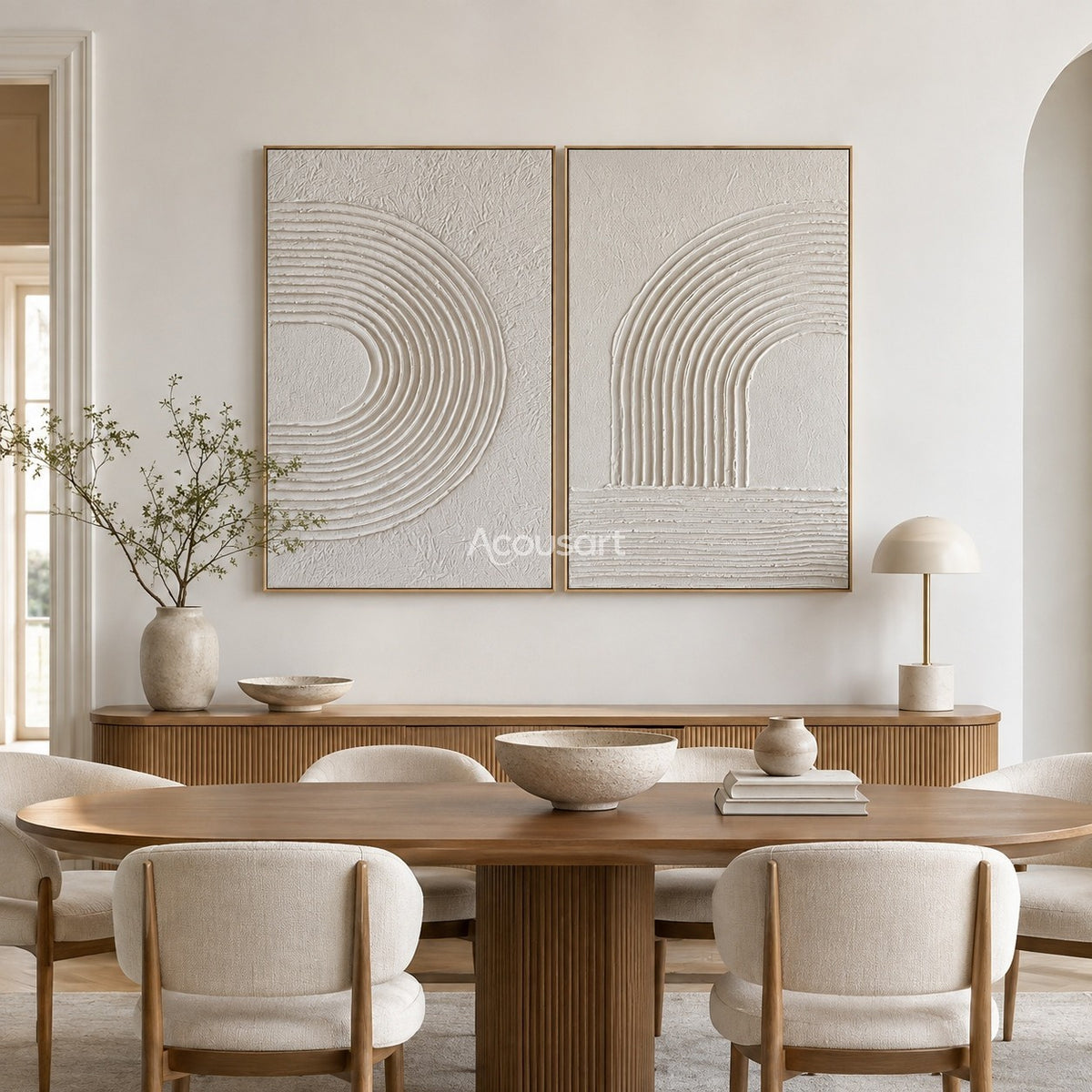 Neutral textured abstract wall art set with raised ivory arch lines and soft cream textured background