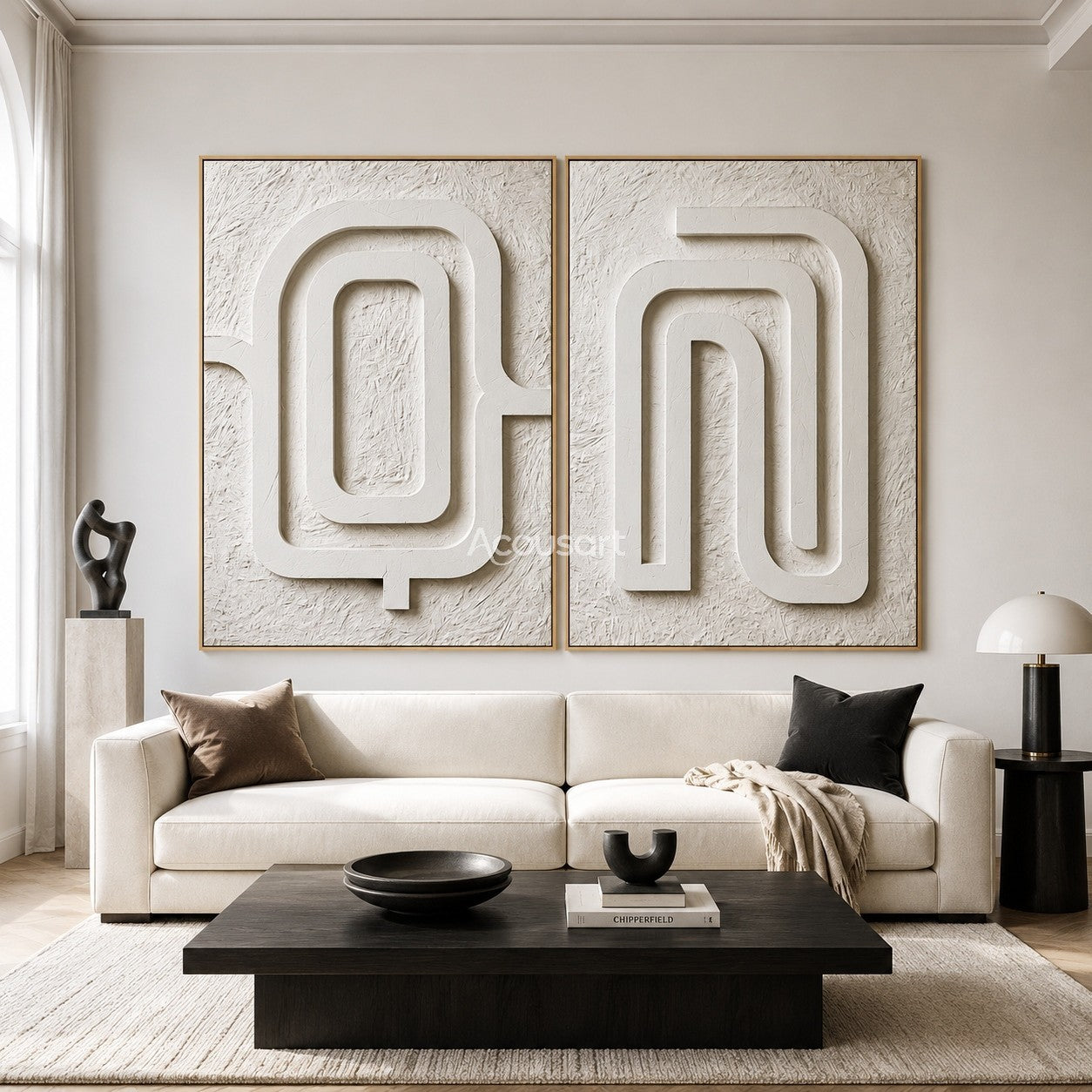 Neutral textured abstract wall art set with raised ivory maze lines on a warm white textured background