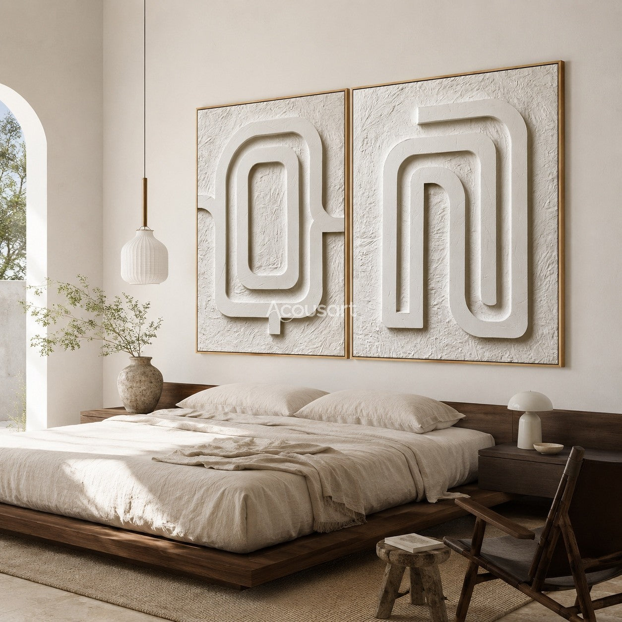 Neutral textured abstract wall art set with raised ivory maze lines on a warm white textured background