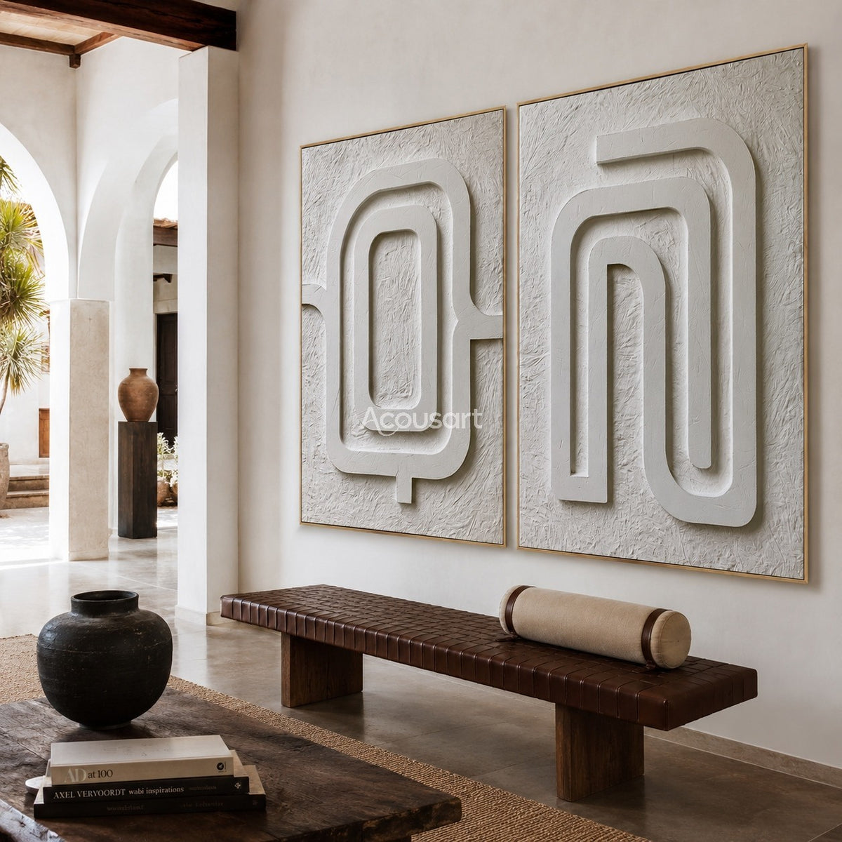 Neutral textured abstract wall art set with raised ivory maze lines on a warm white textured background