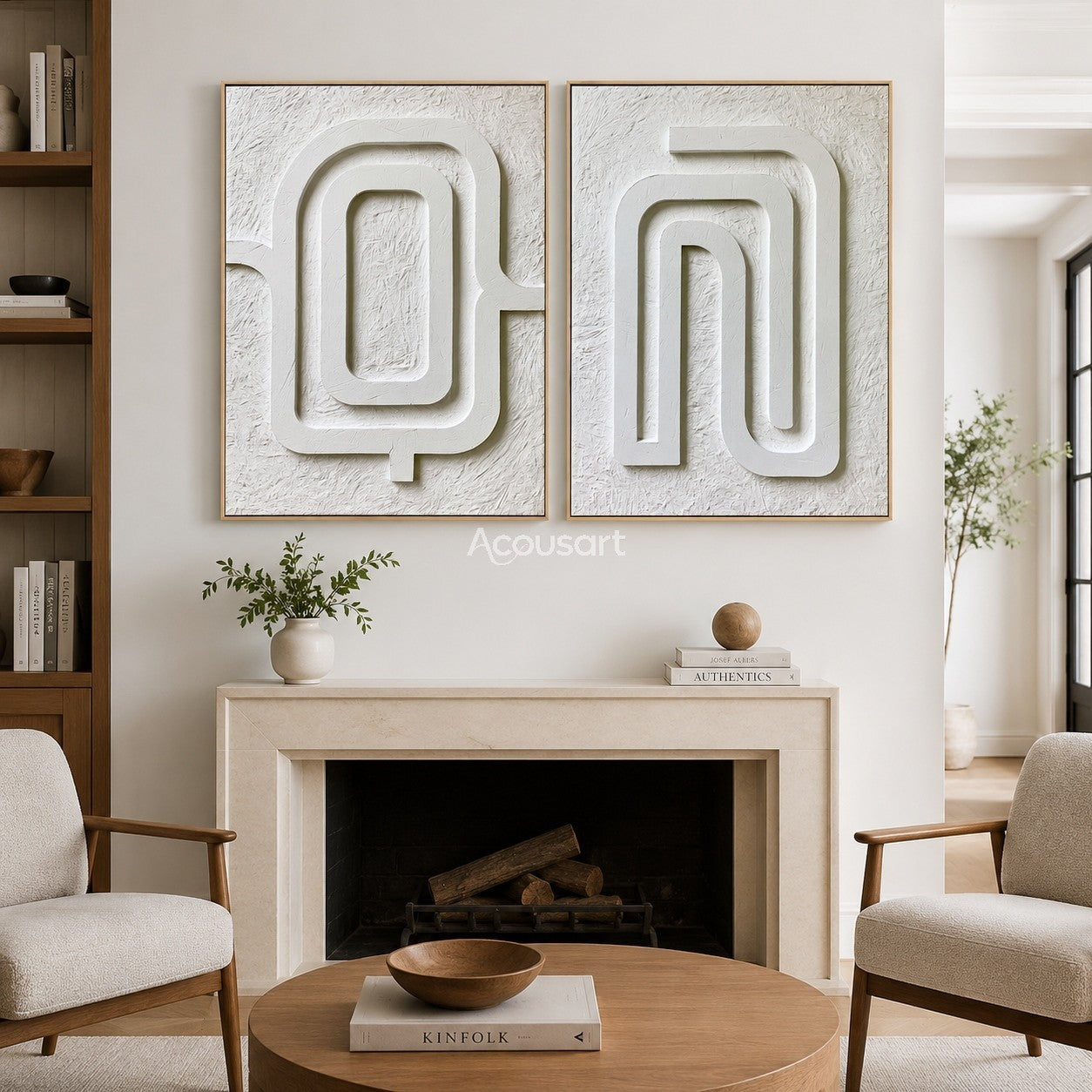 Neutral textured abstract wall art set with raised ivory maze lines on a warm white textured background