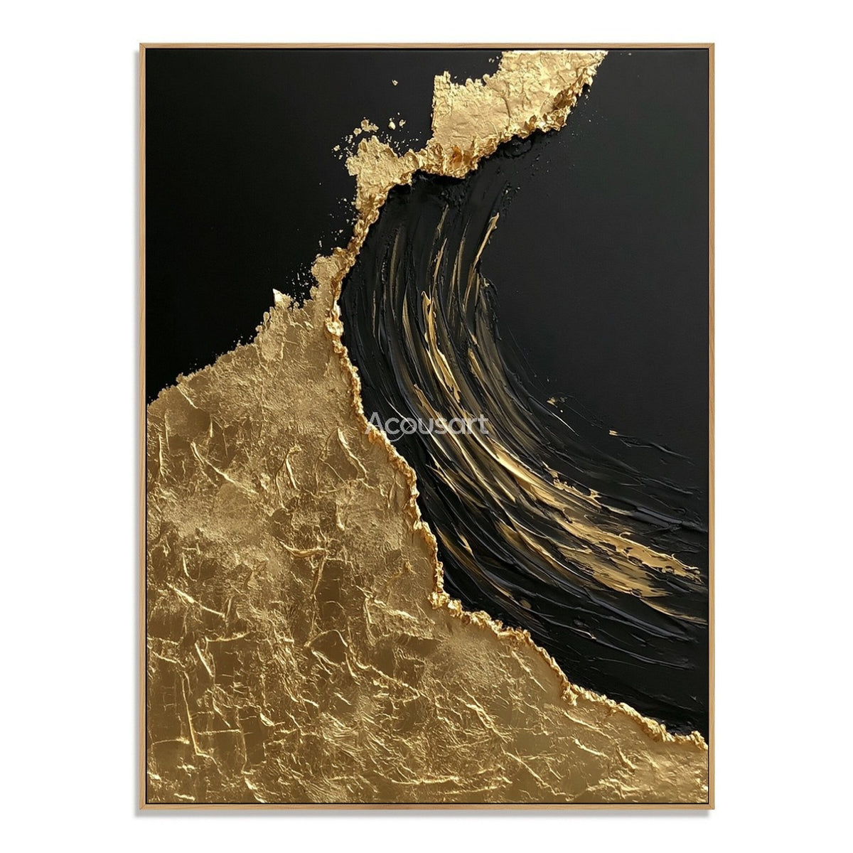 Black and gold textured wall art with raised metallic gold surface and a bold dark wave shape