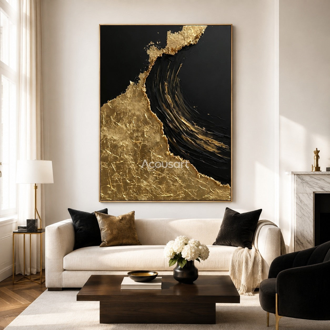 Black and gold textured wall art with raised metallic gold surface and a bold dark wave shape