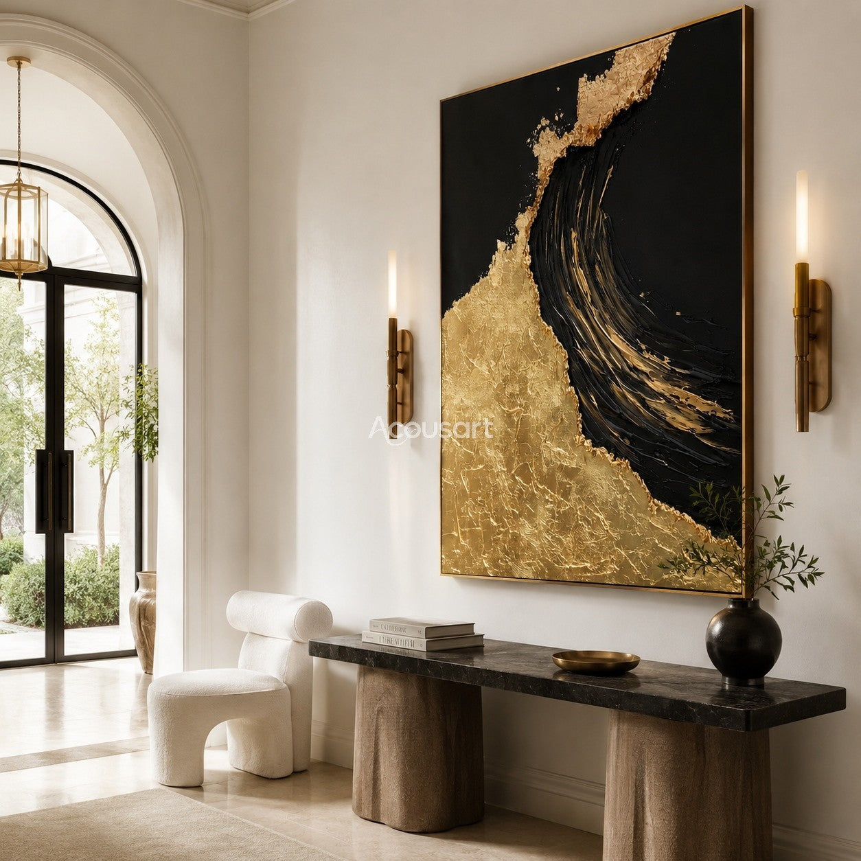 Black and gold textured wall art with raised metallic gold surface and a bold dark wave shape