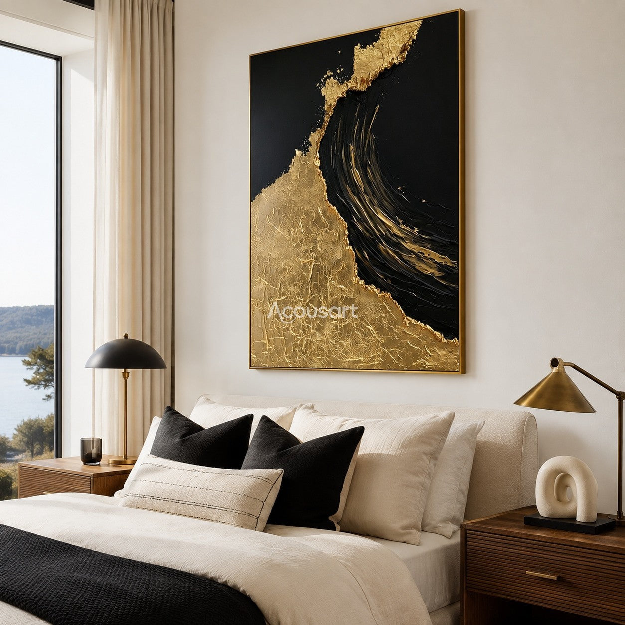Black and gold textured wall art with raised metallic gold surface and a bold dark wave shape