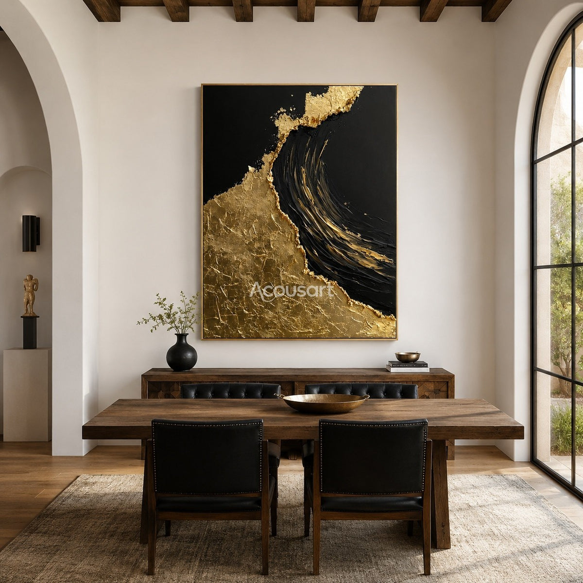 Black and gold textured wall art with raised metallic gold surface and a bold dark wave shape