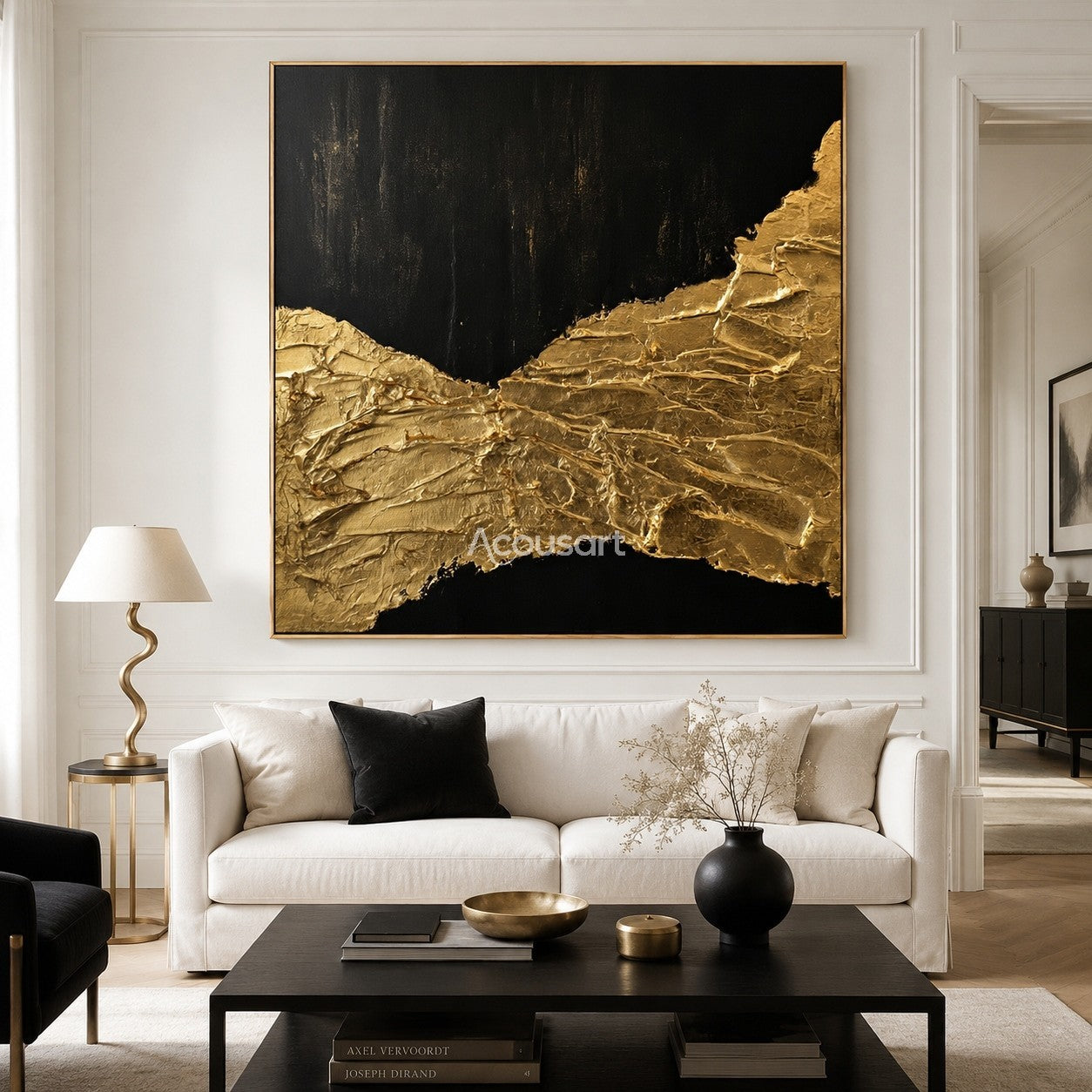 Black and gold textured wall art with raised metallic gold passage across a dark abstract background