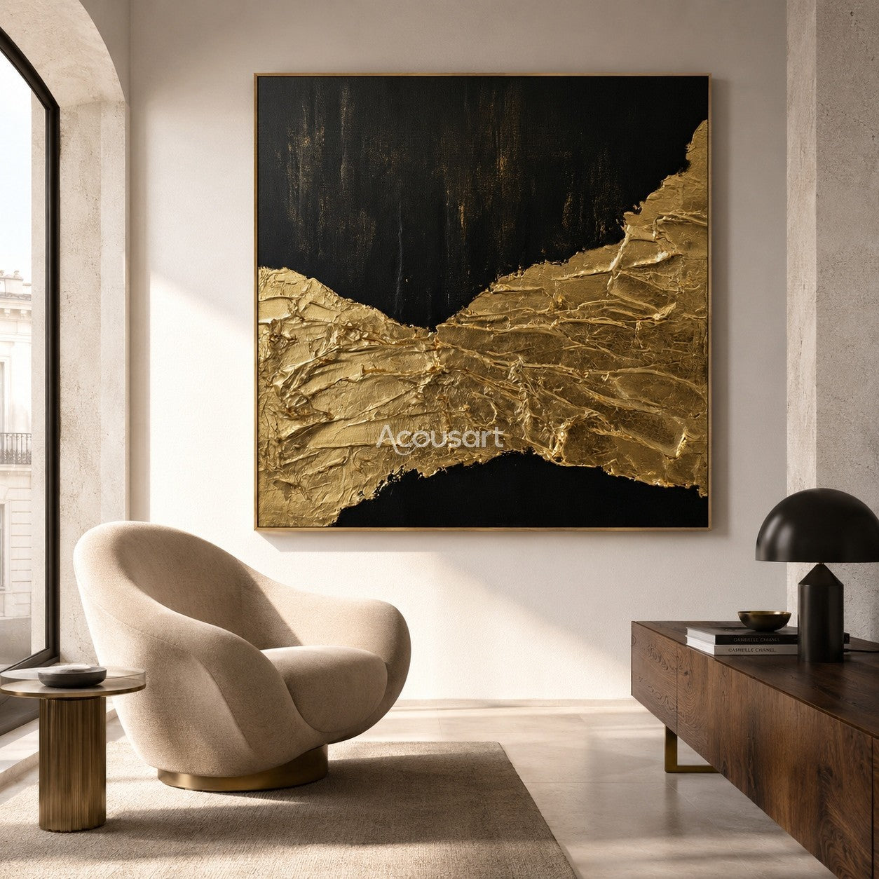 Black and gold textured wall art with raised metallic gold passage across a dark abstract background