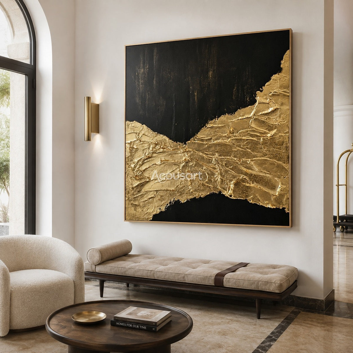 Black and gold textured wall art with raised metallic gold passage across a dark abstract background