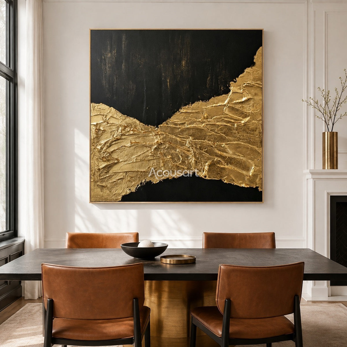 Black and gold textured wall art with raised metallic gold passage across a dark abstract background