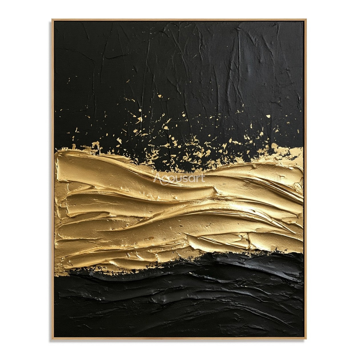 Black and gold textured wall art with raised metallic gold waves on a dark abstract background