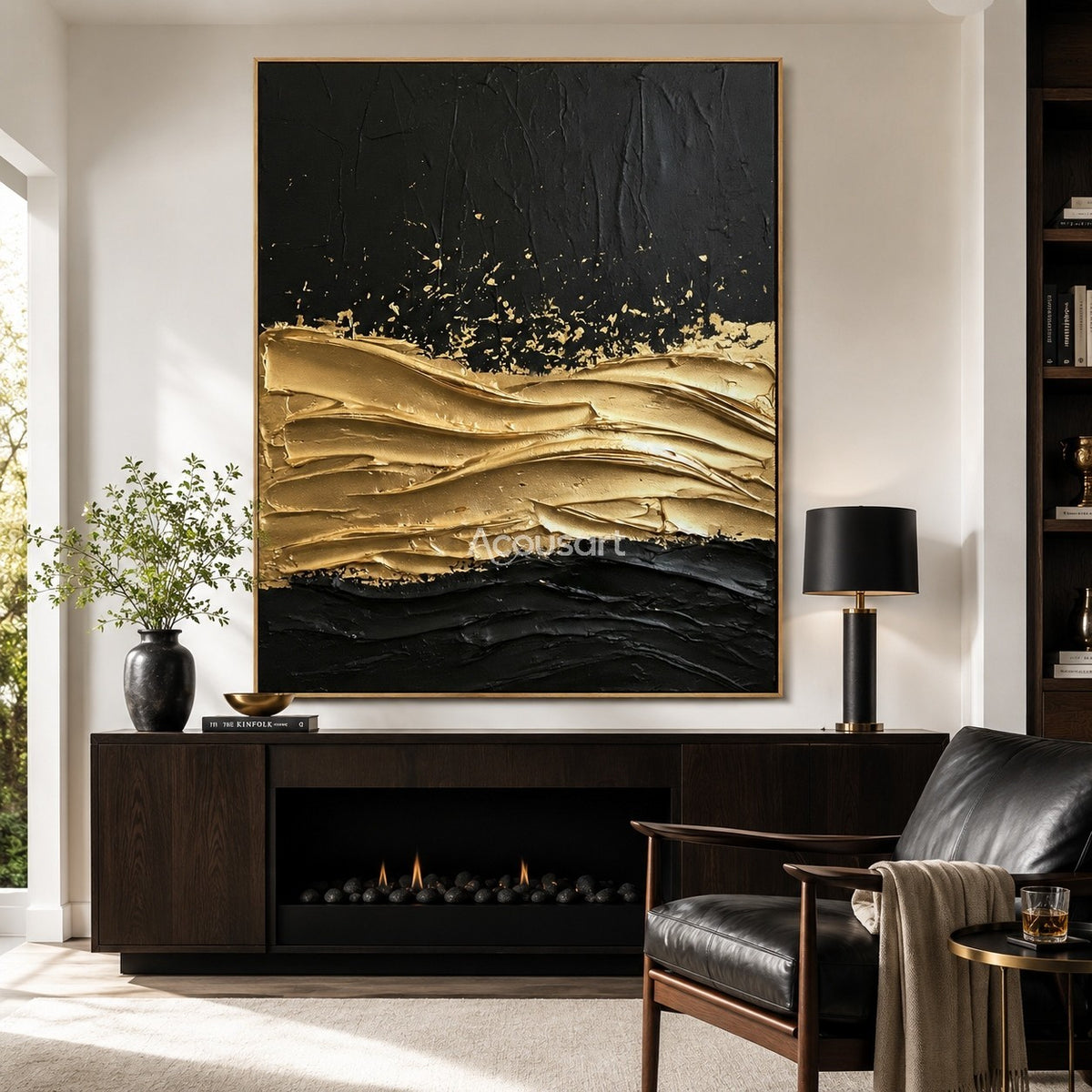 Black and gold textured wall art with raised metallic gold waves on a dark abstract background