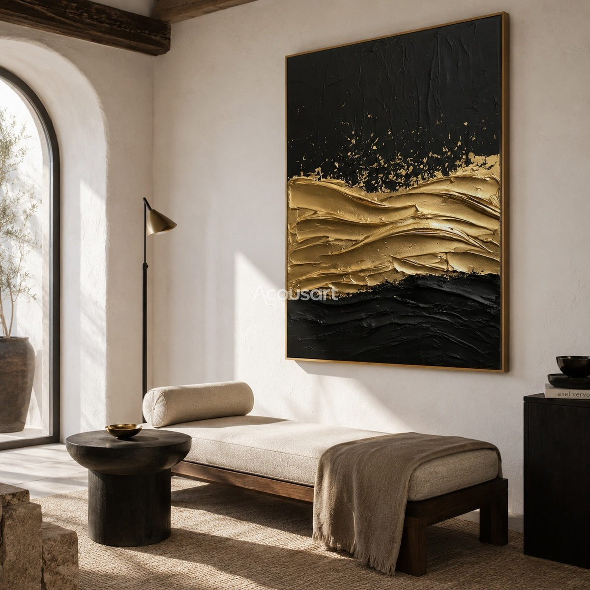 Black and gold textured wall art with raised metallic gold waves on a dark abstract background