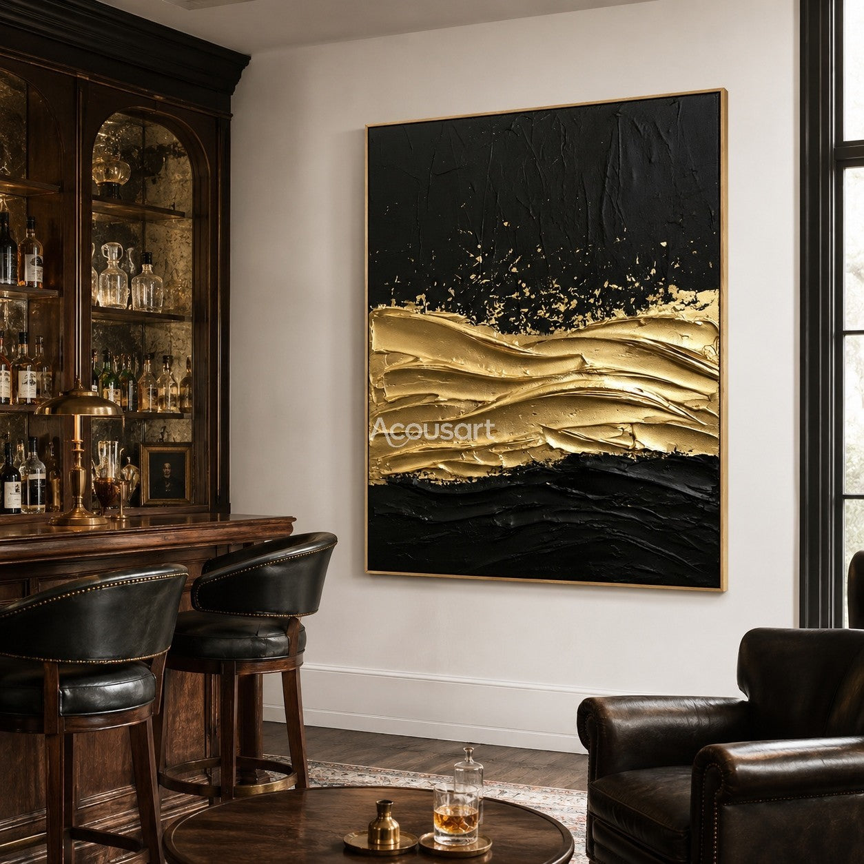 Black and gold textured wall art with raised metallic gold waves on a dark abstract background